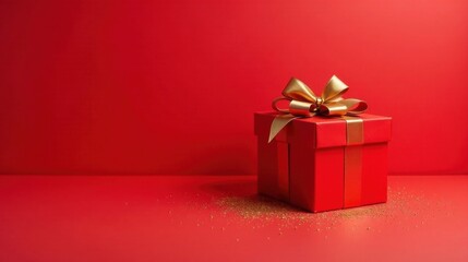 Obraz premium A single red gift box adorned with a gold ribbon sits on a red surface, scattered with gold glitter, creating a festive and celebratory mood.
