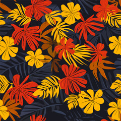 Tropical Bloom a vibrant array of stylized tropical flowers and foliage bursts forth in a rich tapestry of color and form, offering a feast for the eyes.