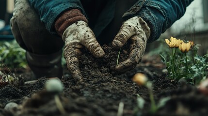 Hands in gloves tending garden soil with blooming flowers