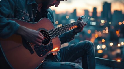 Close-up of a person playing an acoustic guitar outdoors on a city rooftop at sunset.