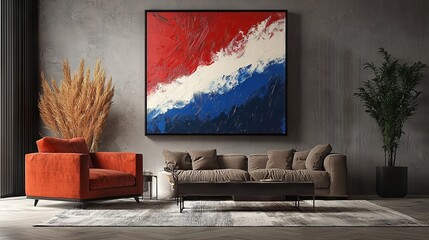 Contemporary living room interior with abstract red white blue painting perfect for home decor inspiration or modern design showcases