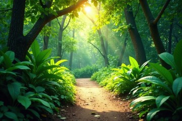 Fototapeta premium Sunlit Path Through a Lush Green Forest Canopy, a Serene and Tranquil Woodland Trail