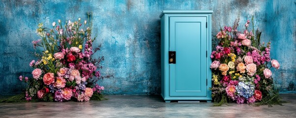 Floral arrangement display with vintage cabinet artistic studio modern aesthetics indoor creative perspective