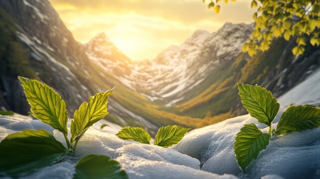 scenic mountain valley fresh green leaves pushing melting ice, soft golden sunlight casting warm glow