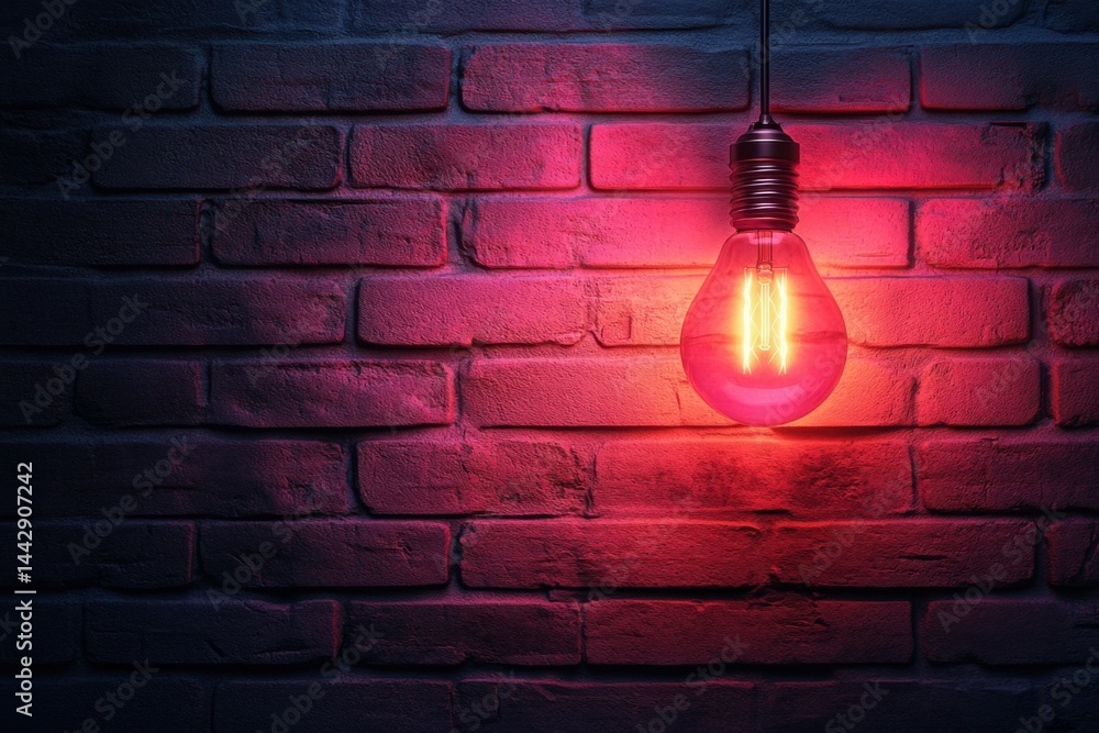 Poster retro illuminated lightbulb hanging in front of a dark textured brick wall background