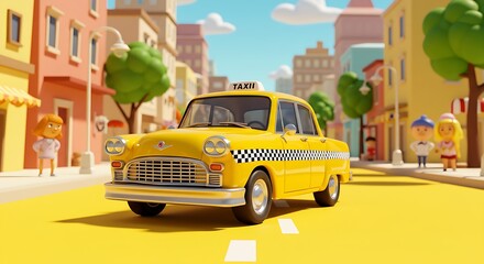 Fototapeta premium A retro 3D cartoon taxi cruising through a lively cartoon city
