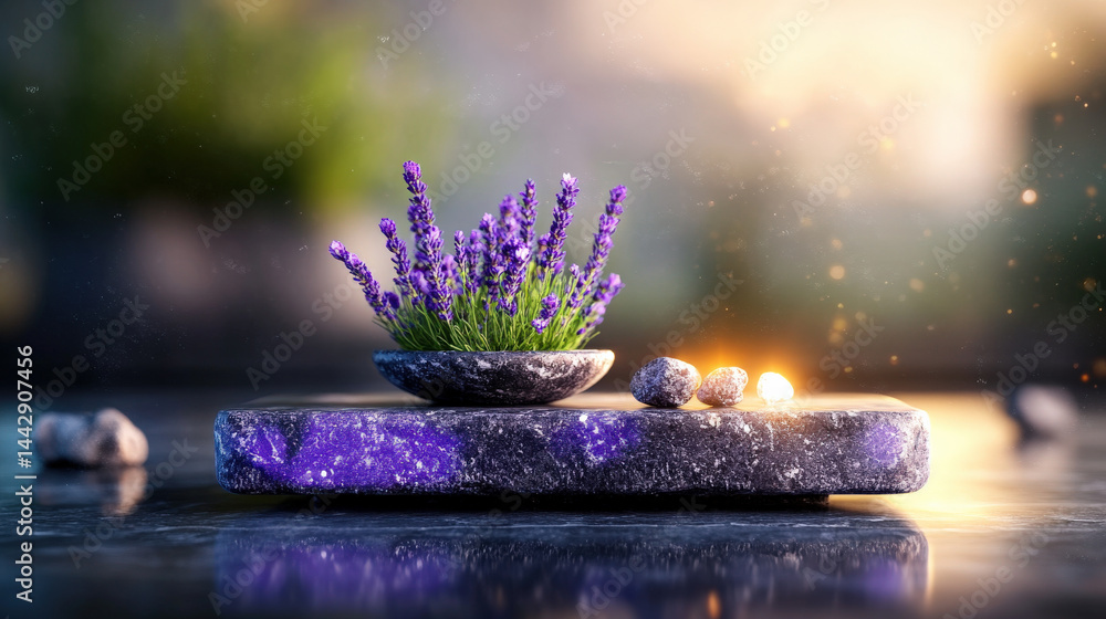Aufkleber serene scene featuring lavender plant in small bowl on stone slab, surrounded by pebbles and soft ca