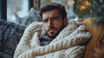 Young caucasian male relaxing indoors wrapped in cozy knit blanket