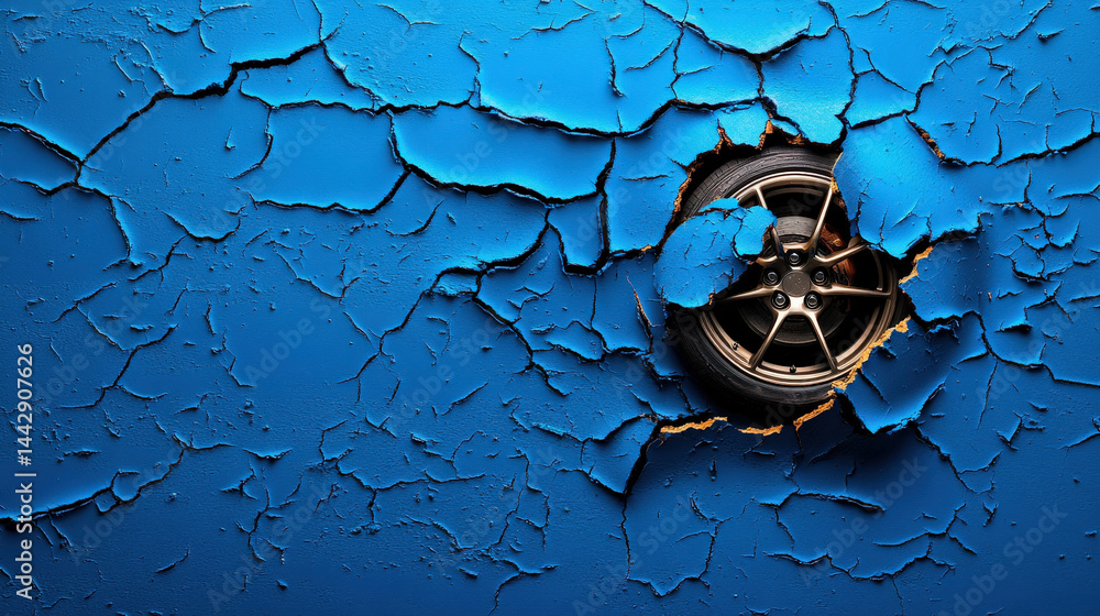Poster dramatic image of car wheel breaking through cracked blue surface, creating striking visual effect. 
