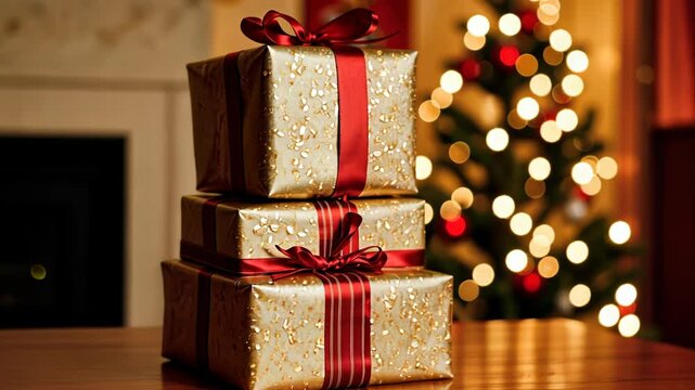 Christmas presents stacked beautifully against a decorated tree  