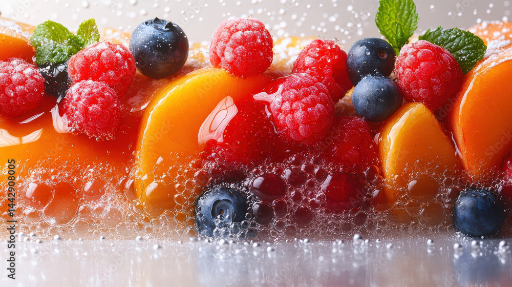 Poster Vibrant assortment of fresh fruits including raspberries, blueberries, and peach slices is covered in sparkling bubbles, creating refreshing and appetizing display