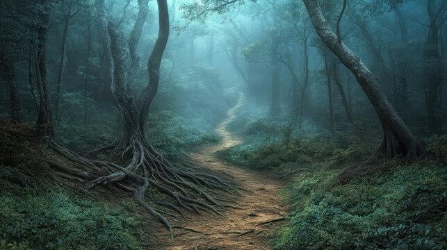 A serene yet haunting forest scene where dense fog blurs the boundary between reality and mystery