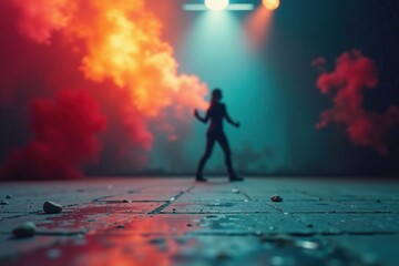 Silhouette of a Person in a Dramatic Pose, Backlit by Vibrant Colored Smoke and Stage Lighting, on a Wet Pavement