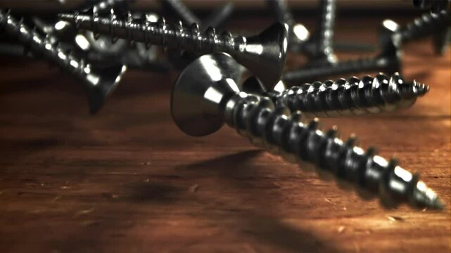 Self-tapping screws fall on a wooden table. Filmed on a high-speed camera at 1000 fps. High quality FullHD footage