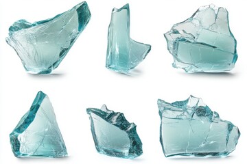 Obraz premium A collection of six pieces of broken light blue glass shards on a white seamless background