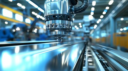 Fototapeta premium Close-up view of a modern industrial robotic arm working on metal.