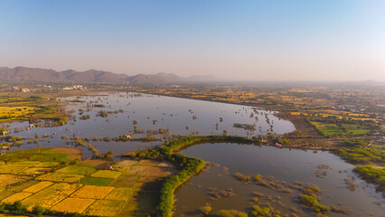 drone shot of floord in farm rajasthan