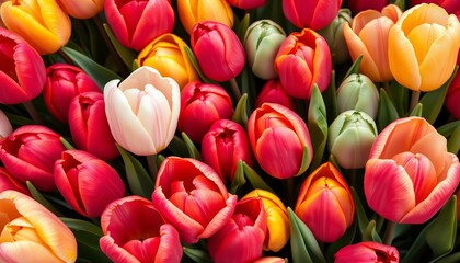 Fototapeta premium Vibrant background of multicolored tulips, fresh and delicate petals, background, texture