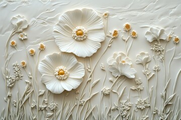 White floral relief sculpture on textured background.
