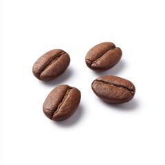 Four coffee beans, close up, isolated on white background