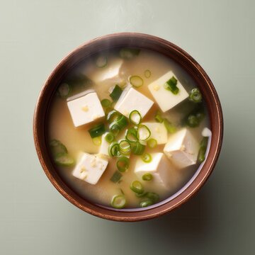 Steaming miso soup with tofu and scallions in a rustic bowl on soft background