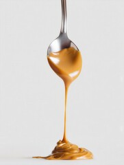 Smooth peanut butter dripping from spoon in clean studio setup