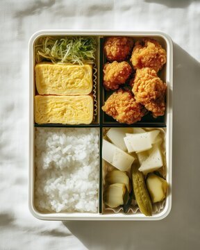 Traditional Japanese bento box with tamagoyaki, karaage, rice, and pickles
