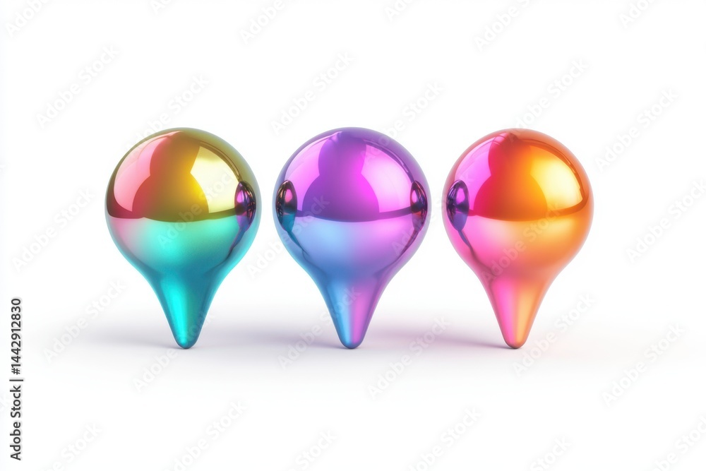 Poster three iridescent map marker pins standing in a row on a white background with soft shadows