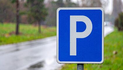  Blue Square Parking Sign in Urban Setting with Meter and Attendant