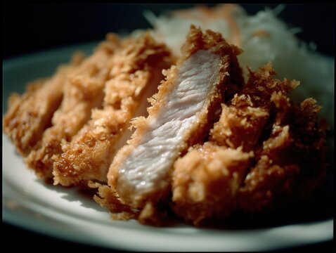 Chicken katsu plated with shredded cabbage in moody lighting