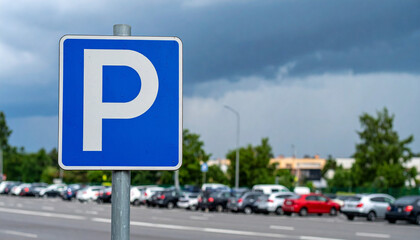  Blue Square Parking Sign in Urban Setting with Meter and Attendant