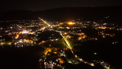 ariel night view of pushkar city with temple