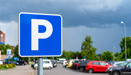  Blue Square Parking Sign in Urban Setting with Meter and Attendant