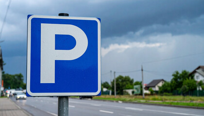  Blue Square Parking Sign in Urban Setting with Meter and Attendant