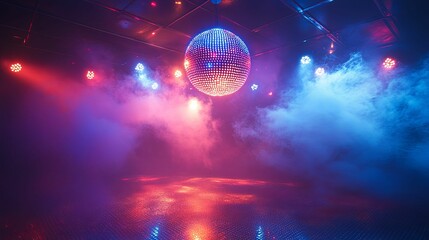 Vibrant disco ball illuminated by colorful stage lights.