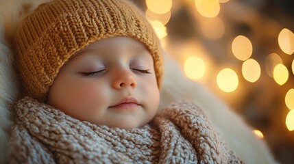 Peaceful sleep: caucasian baby with knit hat in cozy, warm light