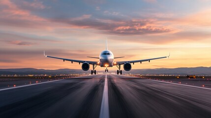 Naklejka premium Airplane Taking Off at Sunset Over a Runway with Beautiful Cloudy Sky