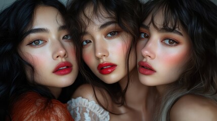 Three young asian female friends with glamorous makeup and red lips close together
