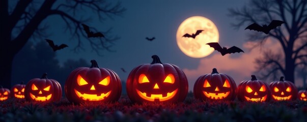 Fototapeta premium Flying bats silhouetted against glowing jack-o-lanterns , night, jack-o-lantern, spooky