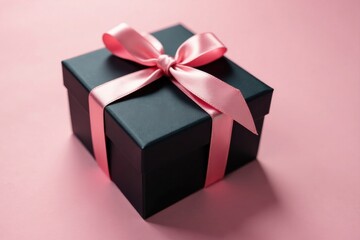 Obraz premium A luxuriously wrapped dark gift box with a delicate pink ribbon, elegantly presented on a soft pink background