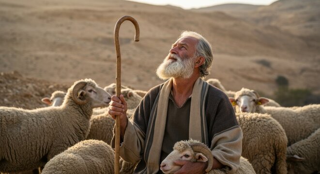 Old male shepherd character with a long beard stands with his wooden staff next to his flock of sheep in a rocky desert landscape, an ancient biblical figure leading his sheep.