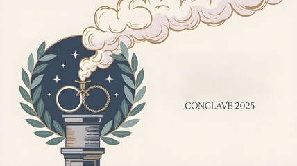 chimney emitting smoke that forms a cloud, framed by laurel branches and stars, with 'CONCLAVE 2025' text
