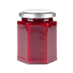 Clear glass jar with strawberry jam, silver cap or silver lid, Jam jar mockup isolated on white background.