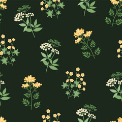 Botanical colorful flower pattern on black background. Hand-drawn vector illustration in flat style.
