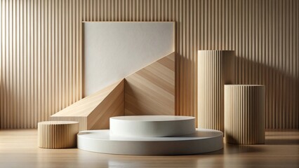 Modern Minimalist Product Display with Wooden Accents and Neutral Tones