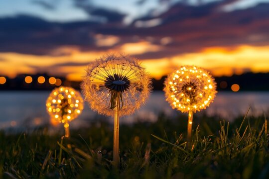 Illuminated dandelion seed heads at sunset