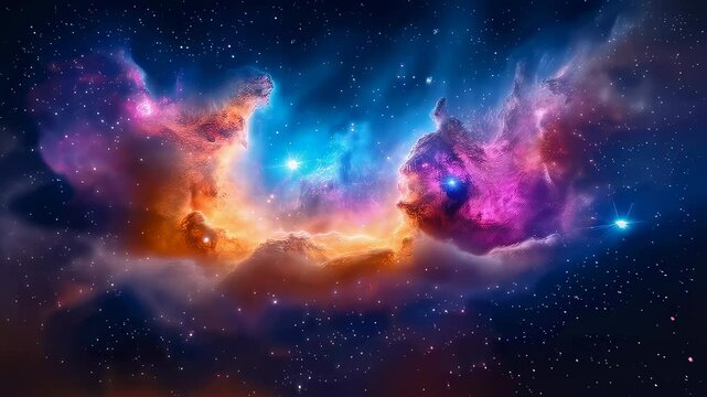 Two ethereal wolf-like energy formations facing each other in colorful cosmic space with starry background. Vibrant nebula with orange, blue, and purple colors creating dramatic celestial scene.
