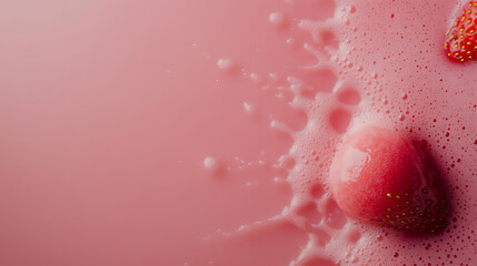 Strawberry mochi slowly melting into pink strawberry milk with foam and bubbles, creating soft and creamy texture with fresh fruit on side