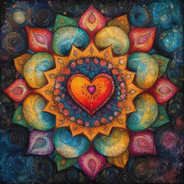 Mandala with a central heart, surrounded by swirling patterns and vibrant colors.