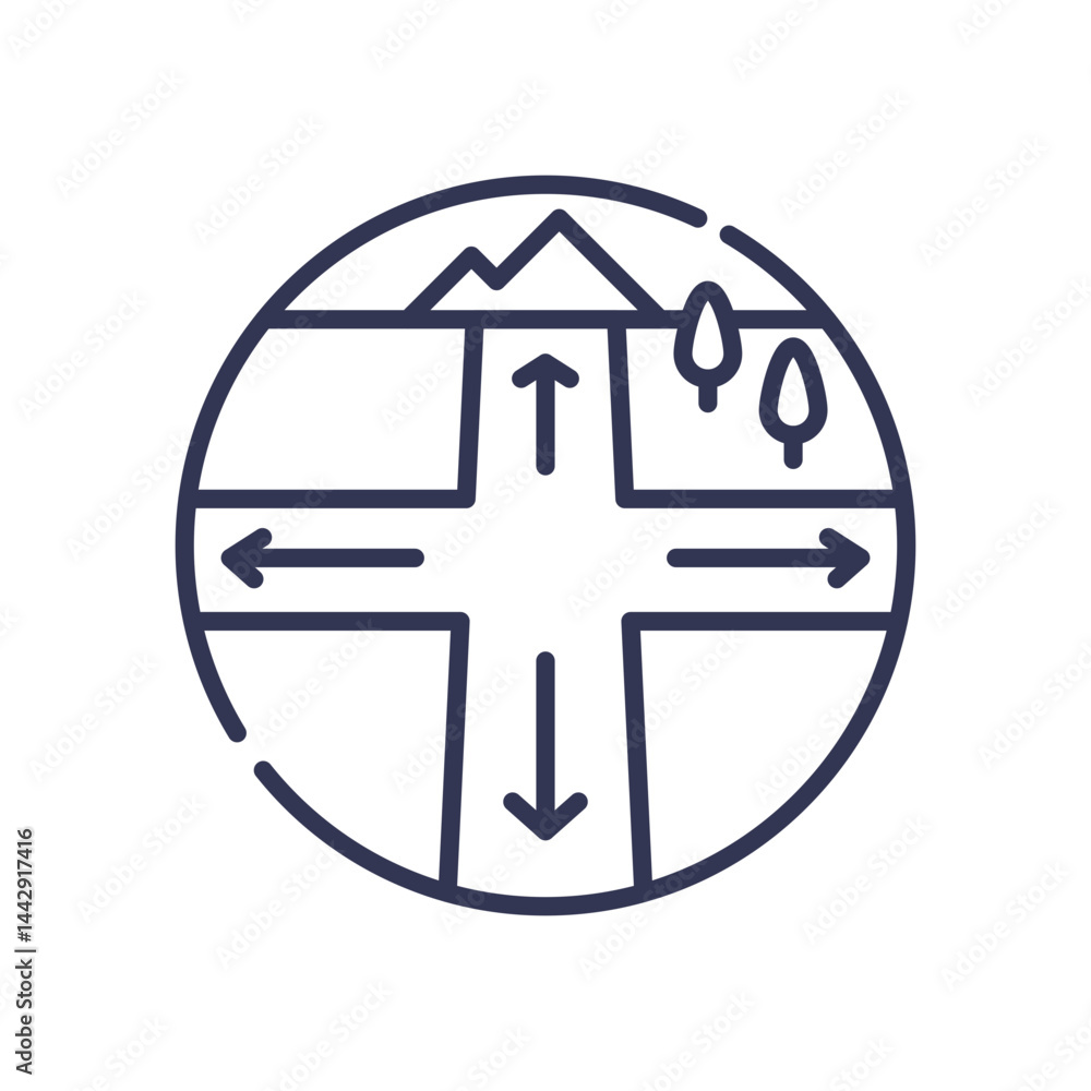 Poster crossroads with arrows, mountains, and trees symbolize choices and direction.